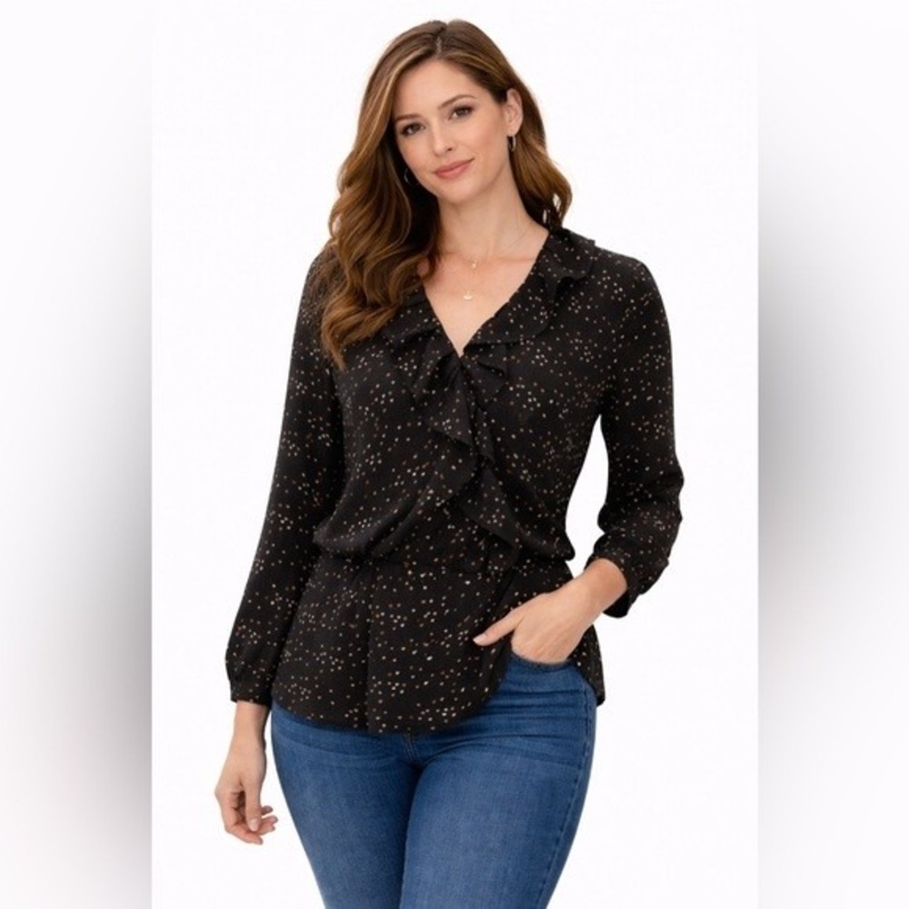 CAbi- Black Blouse with Heart‎ Pattern Size S